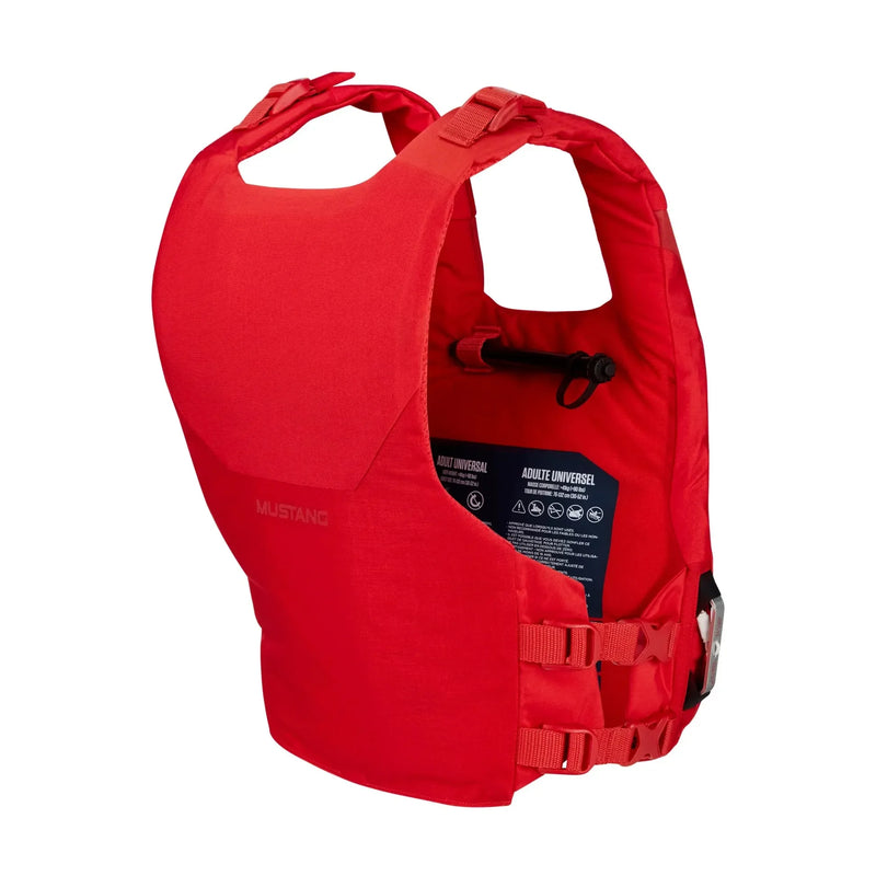 Back view of Mustang Khimera buoyancy aid in red - streamlined life jacket for paddling.