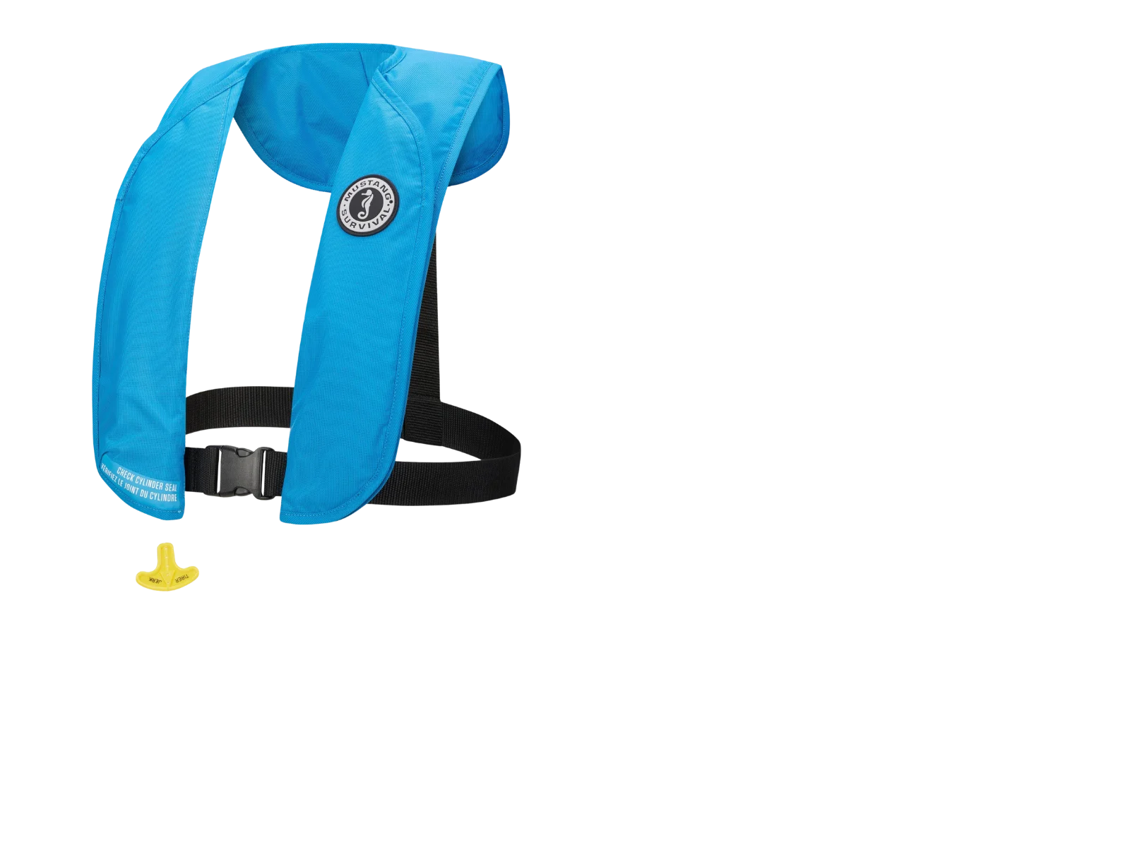 Mustang Survival automatic inflatable life jacket in blue, back and side view with strap and buckle.