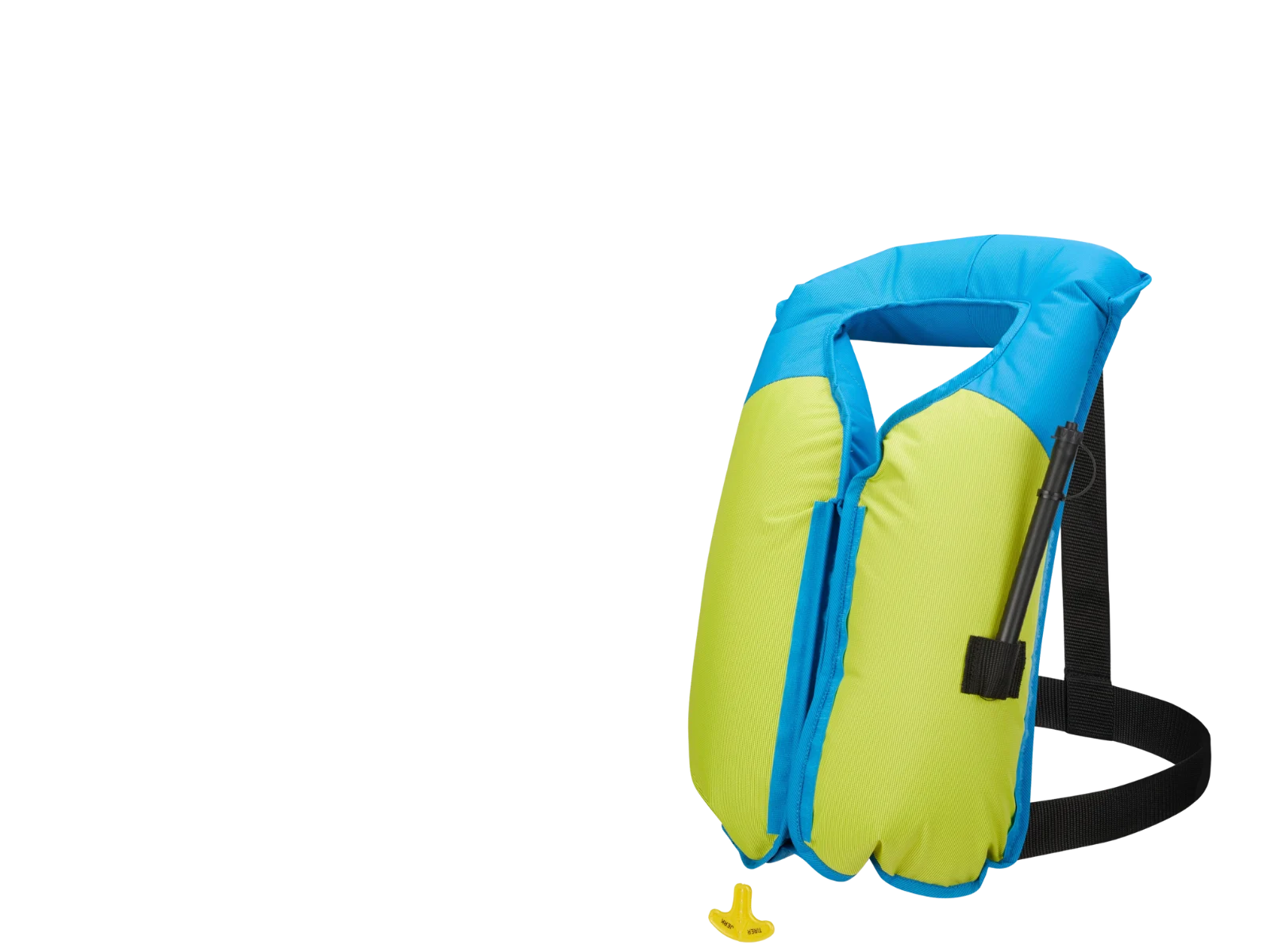 Mustang Survival automatic inflatable life jacket in bright yellow and blue, front inflated view.