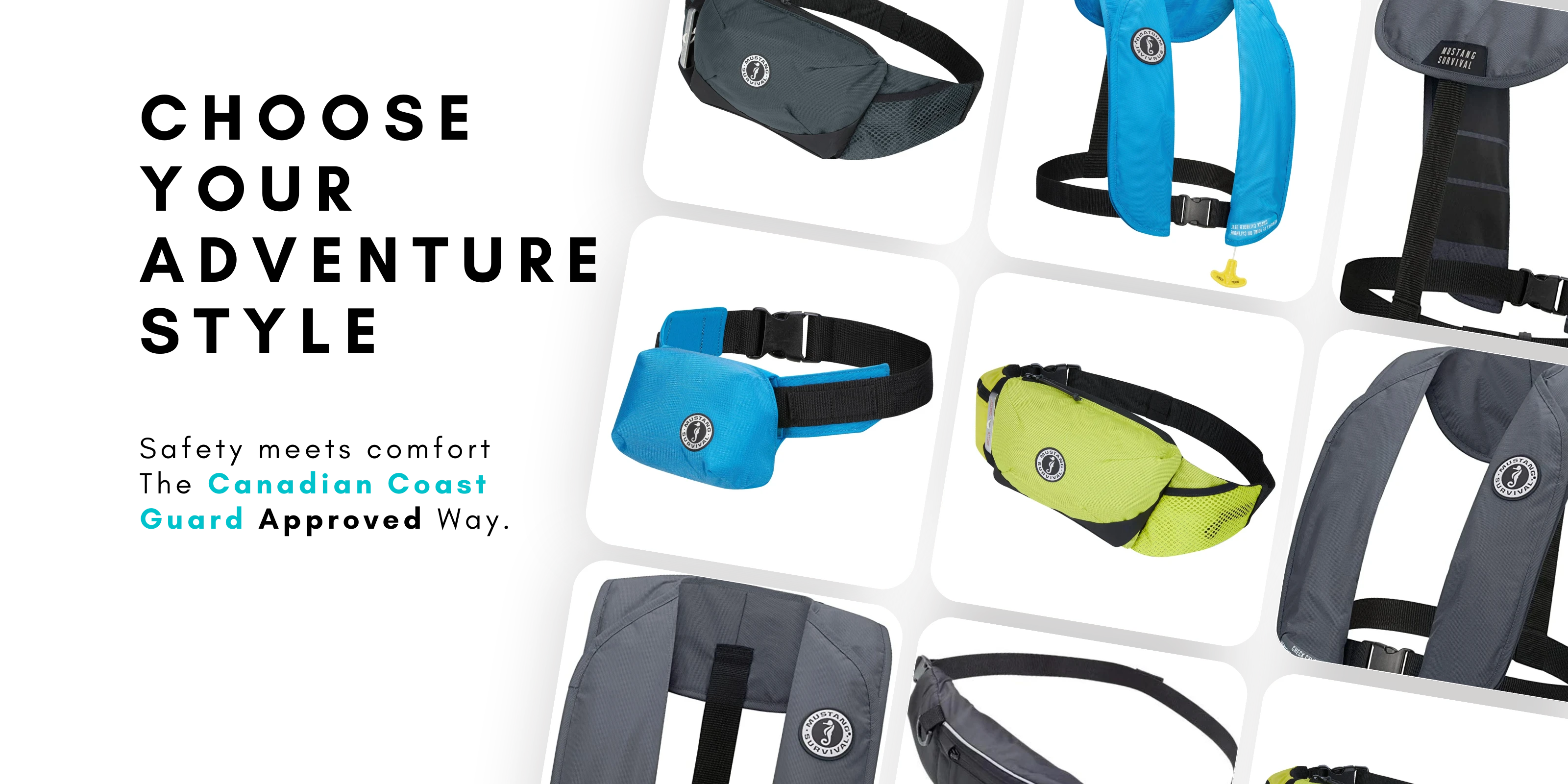 Multiple Mustang Survival Canadian Coast Guard approved life jackets and inflatable PFD belt packs displayed in grid format.