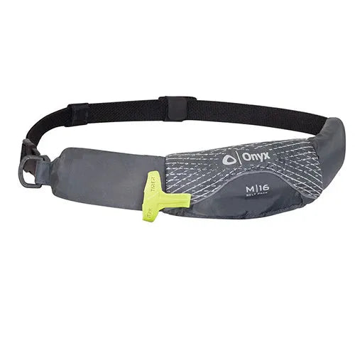 Onyx M-16 reduced profile inflatable PFD belt pack for paddleboarding and kayaking safety.
