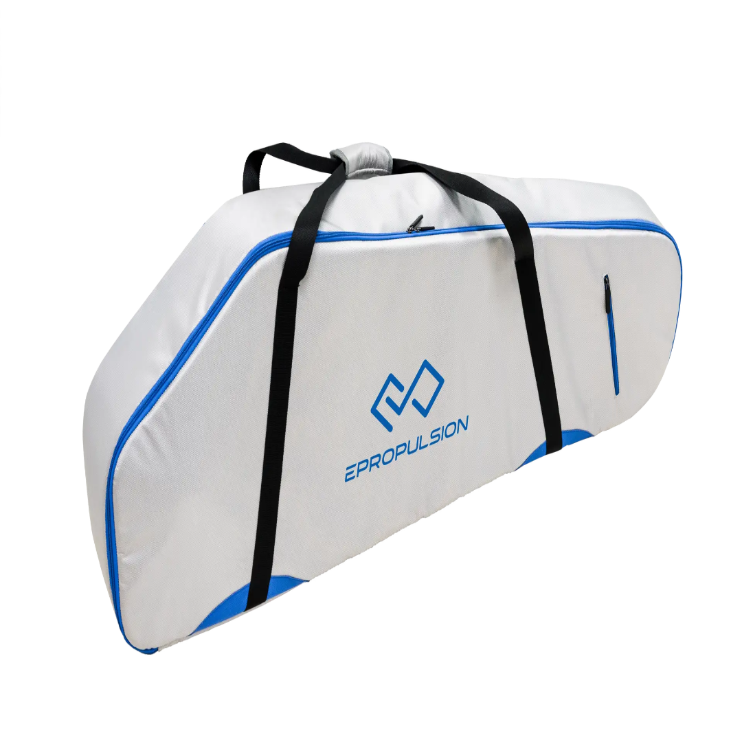 White and blue Epropulsion surfboard bag with black straps on a white background