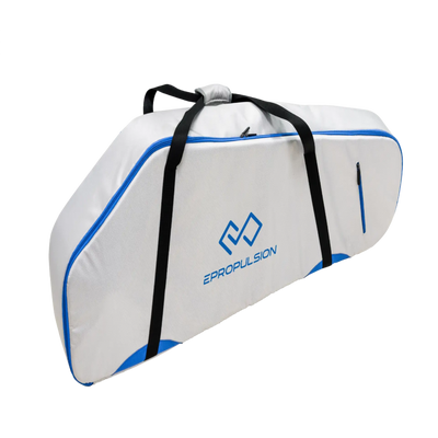 White and blue Epropulsion surfboard bag with black straps on a white background
