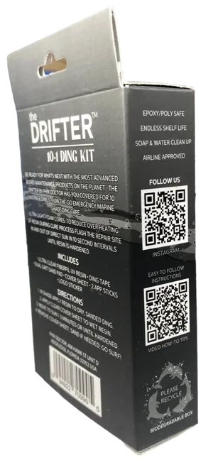 Phix Doctor Drifter travel repair kit packaging with resin, filler, and repair tools.