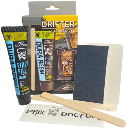 Phix Doctor Drifter mini travel kit for paddleboard and surfboard repair with resin and tools.