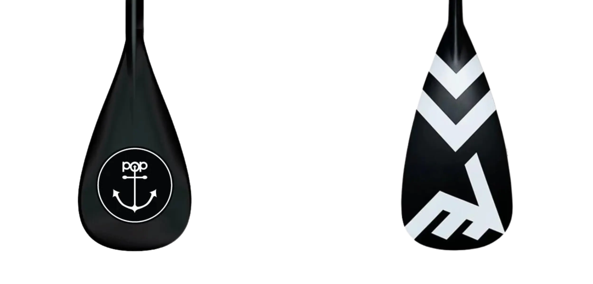 POP carbon fiber SUP paddle in black with white anchor logo and chevron design