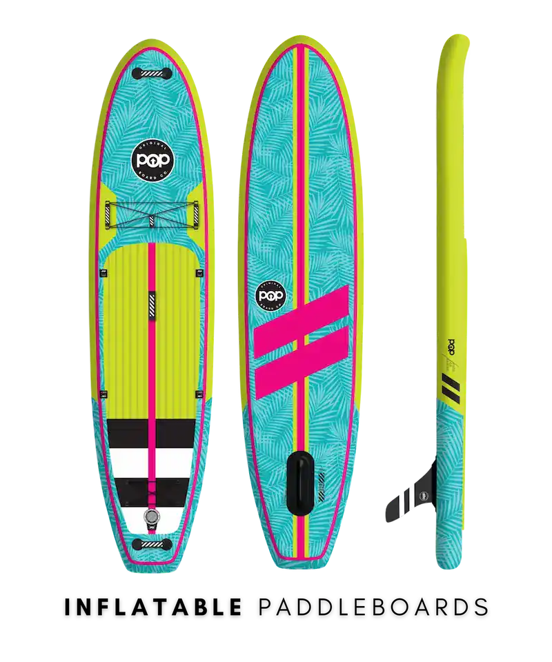 Inflatable paddleboard with colorful design on a white background
