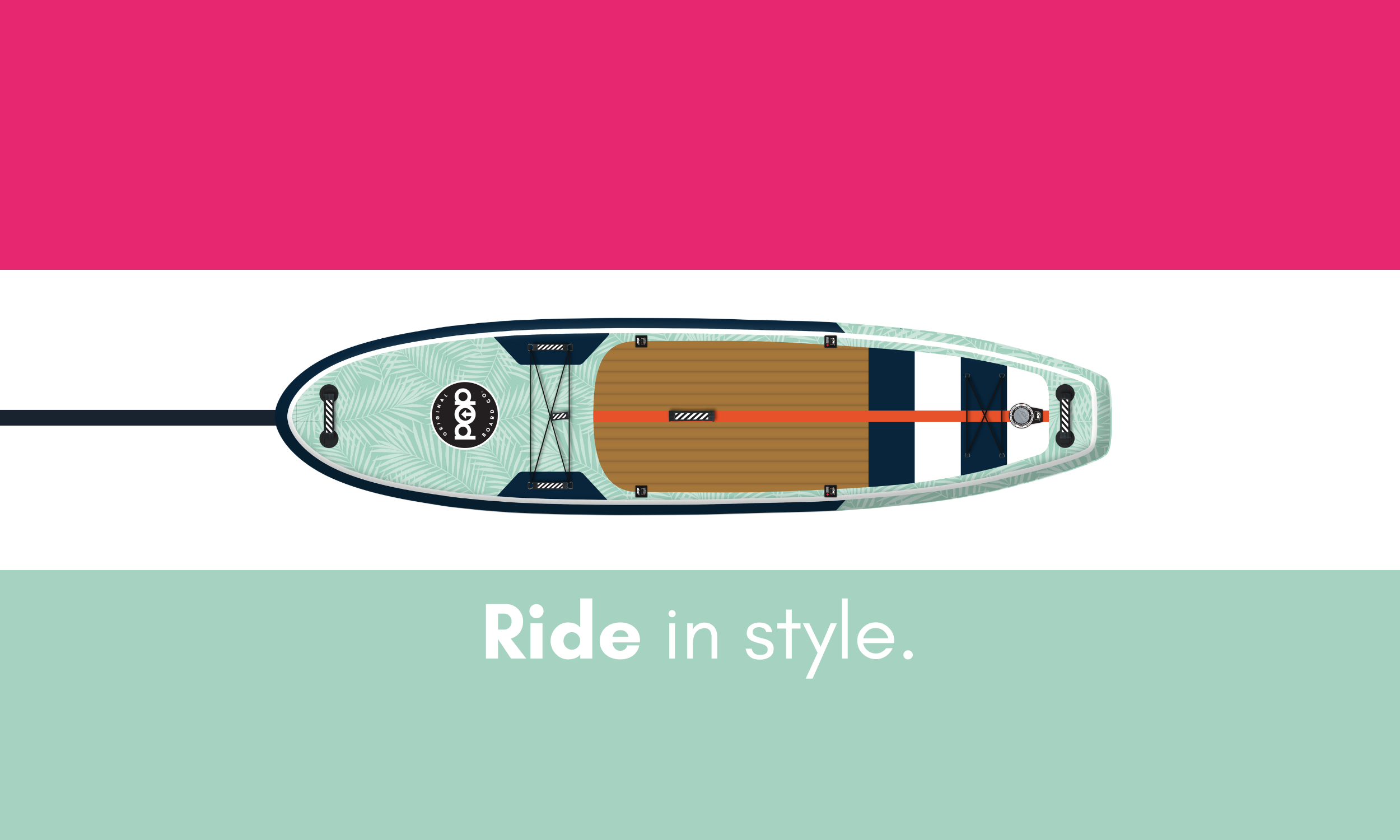 POP Board Co. Yacht Hopper Teak inflatable paddleboard with wood-style traction pad, available at Canadian Board Co.