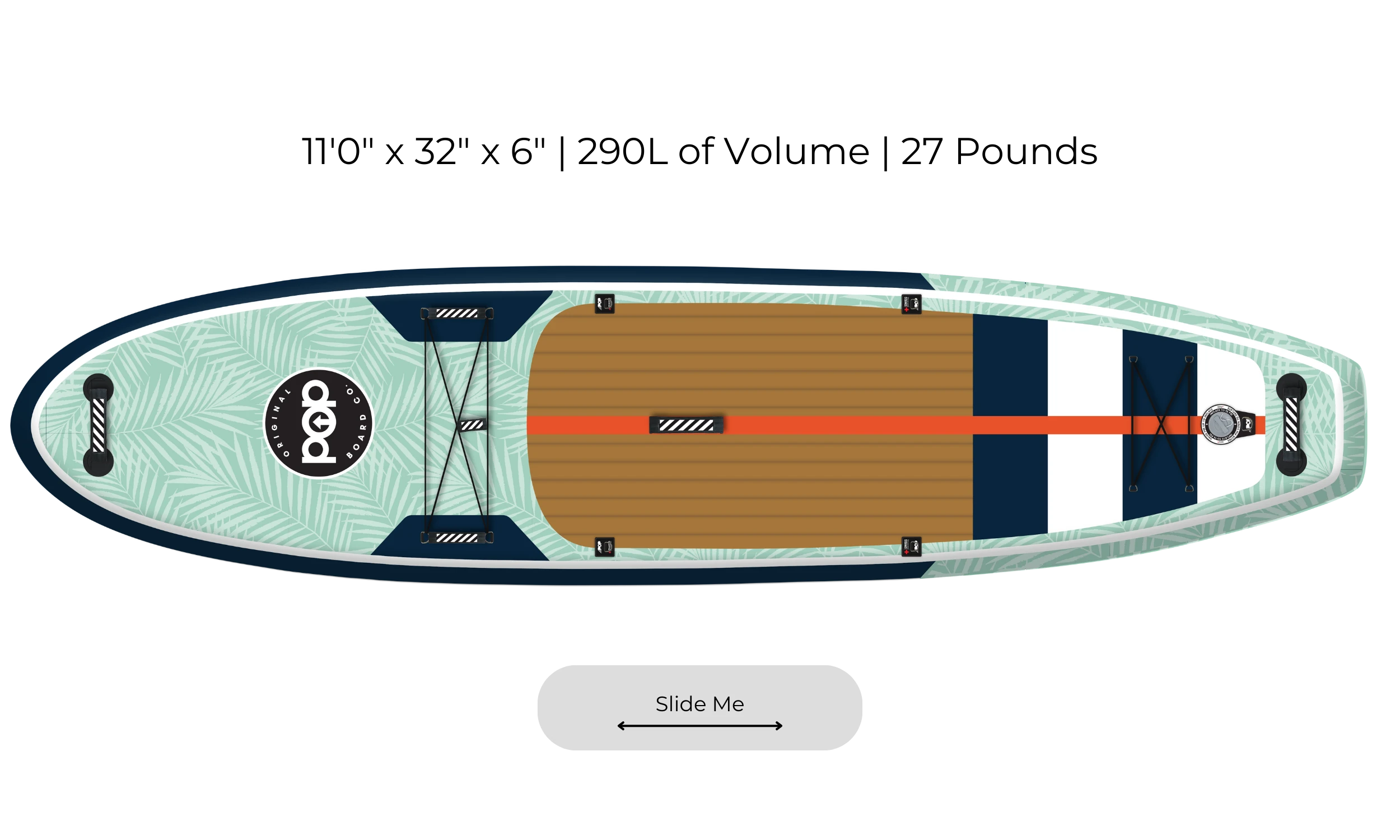 Top view of POP Yacht Hopper paddleboard in wood deck and teal leaf design with orange center line.