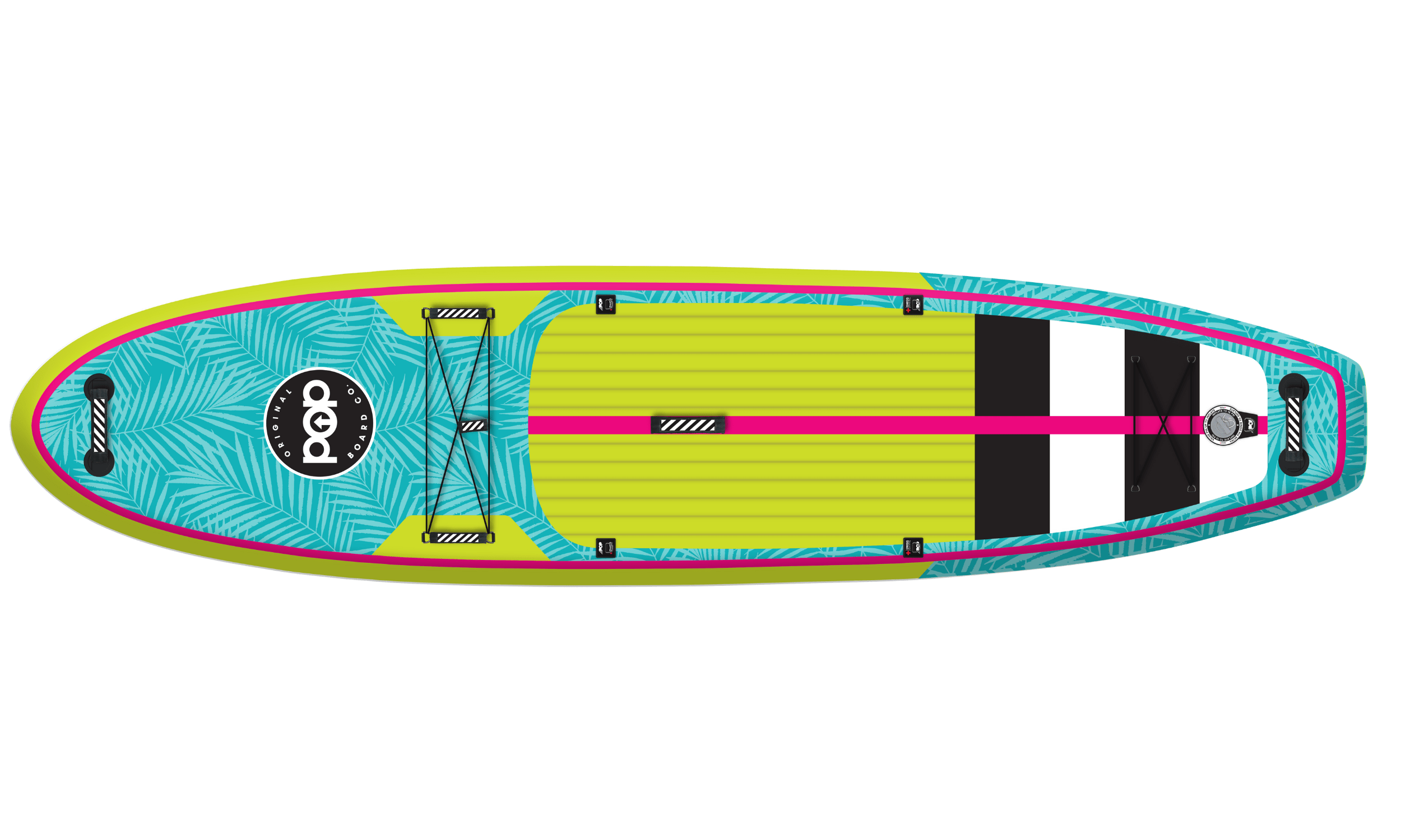 Top view of POP Yacht Hopper paddleboard in yellow and teal design with traction pad and bungee cords.