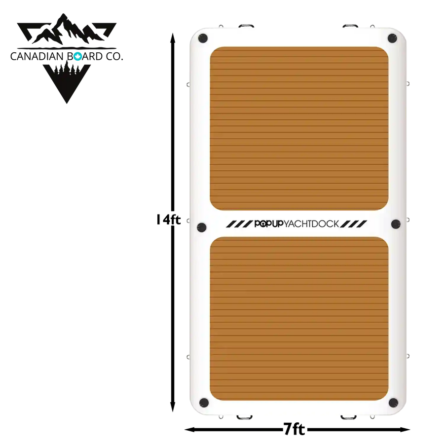 POP YachtDock inflatable dock top view showing 14x7 foot dimensions and teak-style non-slip surface.