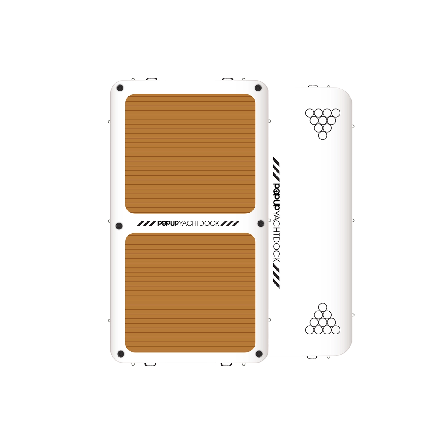Top view of POP YachtDock 14x7 inflatable dock with teak-style non-slip traction surface.