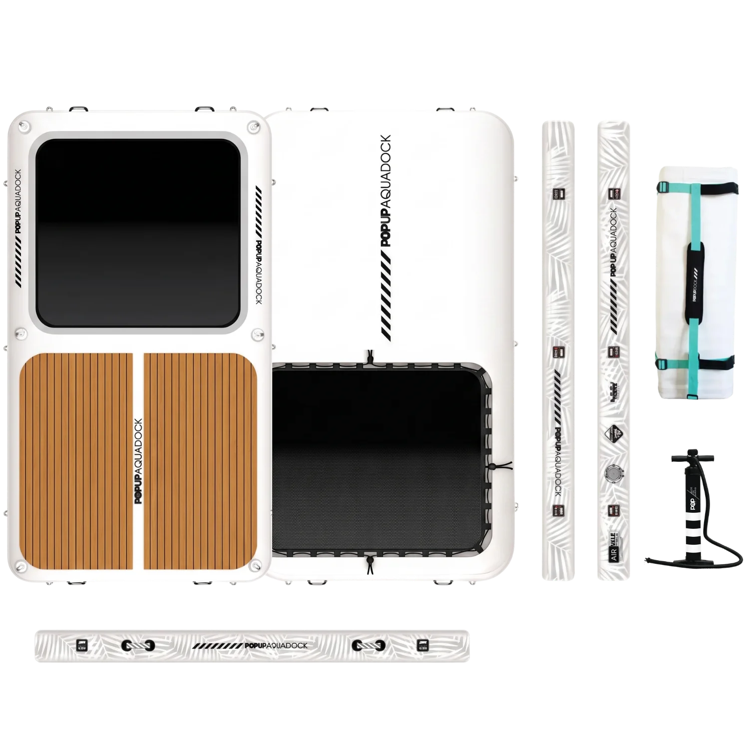 Complete set of the PopUp AquaDock inflatable platform featuring components and accessories.