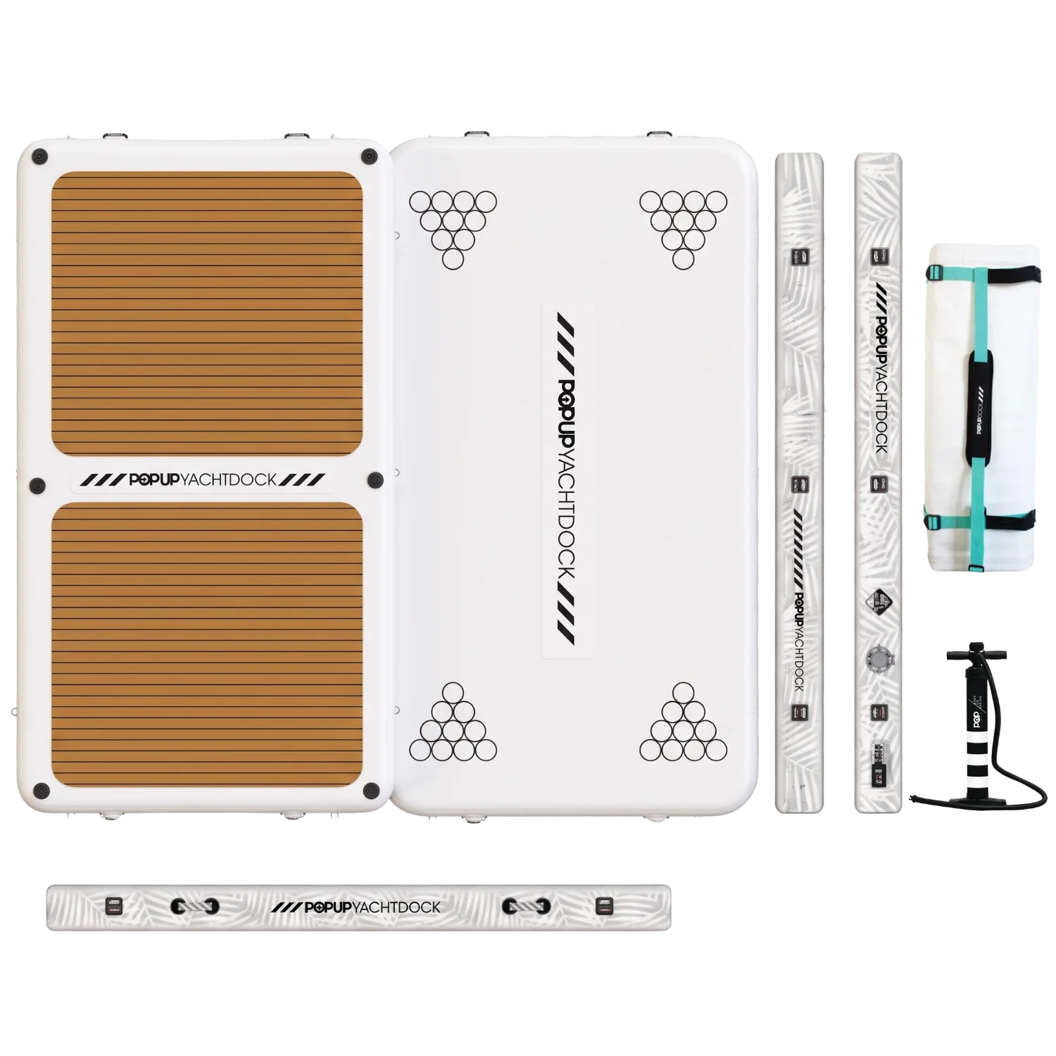 Complete PopUp Yacht Dock set featuring inflatable platform, modular side attachments, storage bag, and air pump.