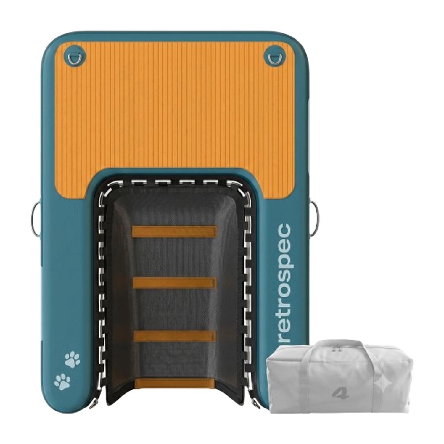 Top-down view of the Retrospec Siesta Pup inflatable teal and orange dog water platform with its white heavy-duty duffle travel storage bag.