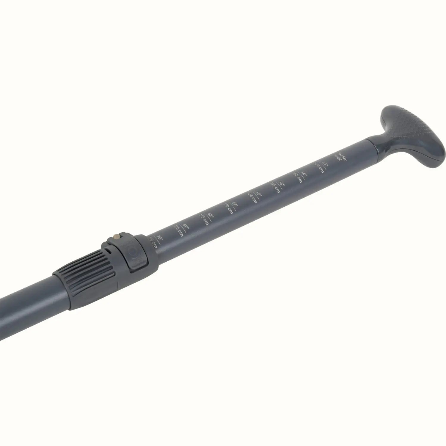 Close-up of the handle and adjustable locking mechanism on the Retrospec Weekender hybrid paddle, showing height markings for paddler height.