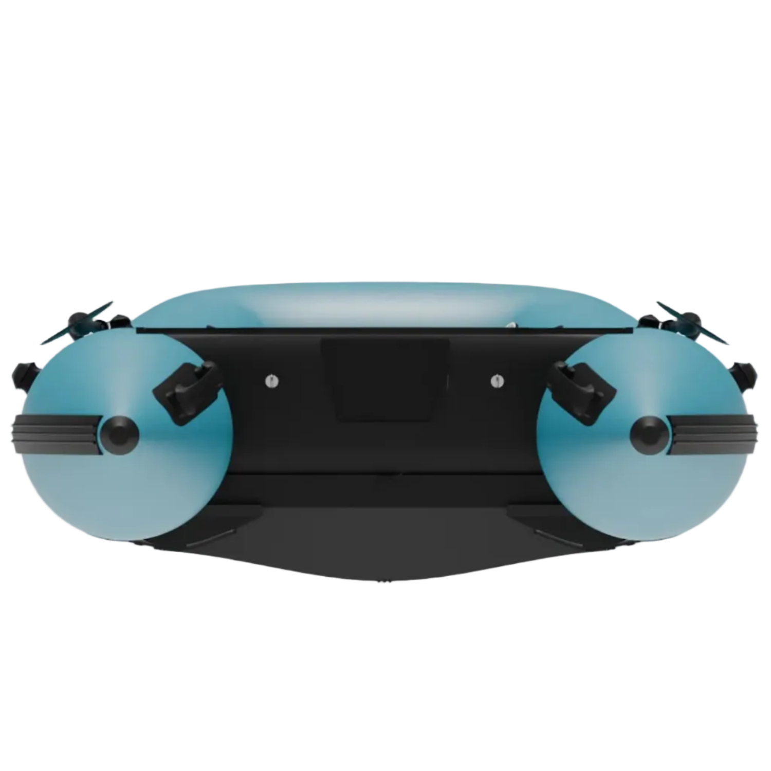Rear transom view of the Rover Marine inflatable battle boat displaying the motor mount and dual inflatable pontoons.