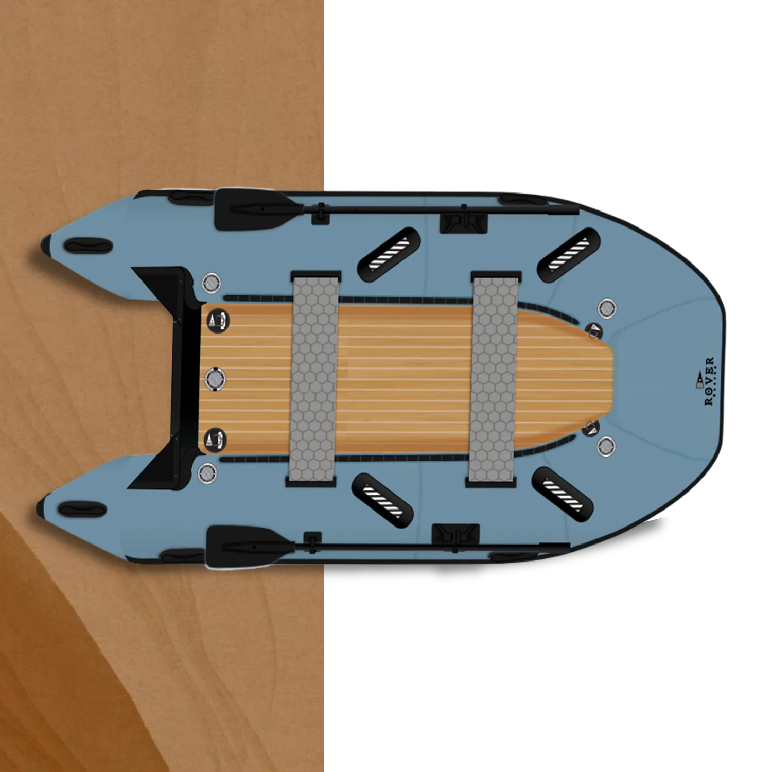 Top view of Rover Marine Battle Boat showing stable deck design, seating layout, and curved bow.