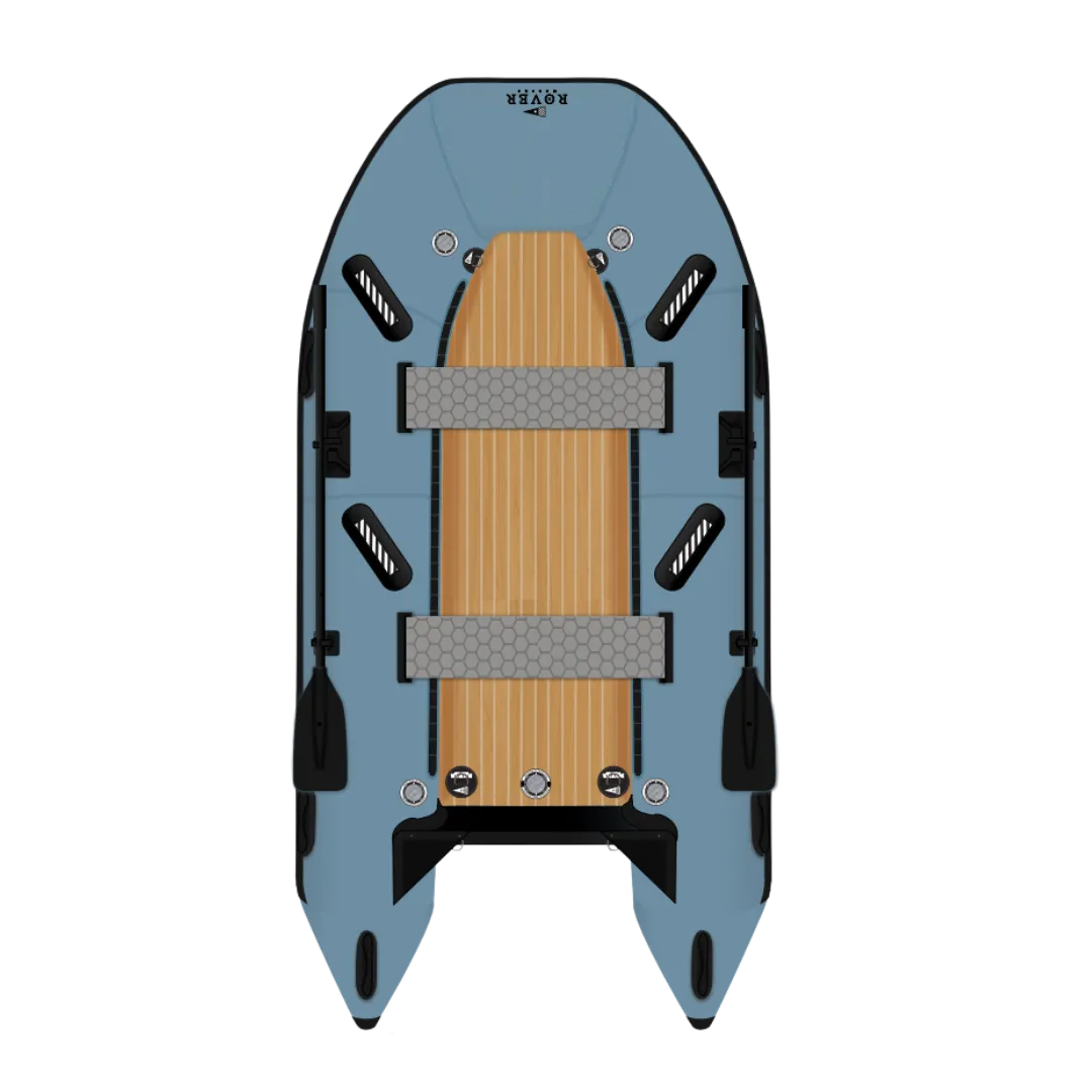 Rover Marine Battle Boat inflatable boat with wood-style floor deck.