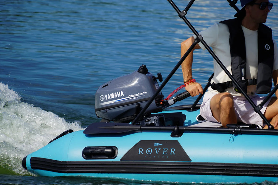 Yamaha outboard on the 10 ft Rover Marine Battle Cat, close-up