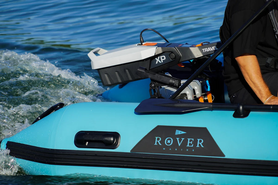 Torqeedo Travel XP electric outboard on the 12 ft Rover Marine Battle Cat