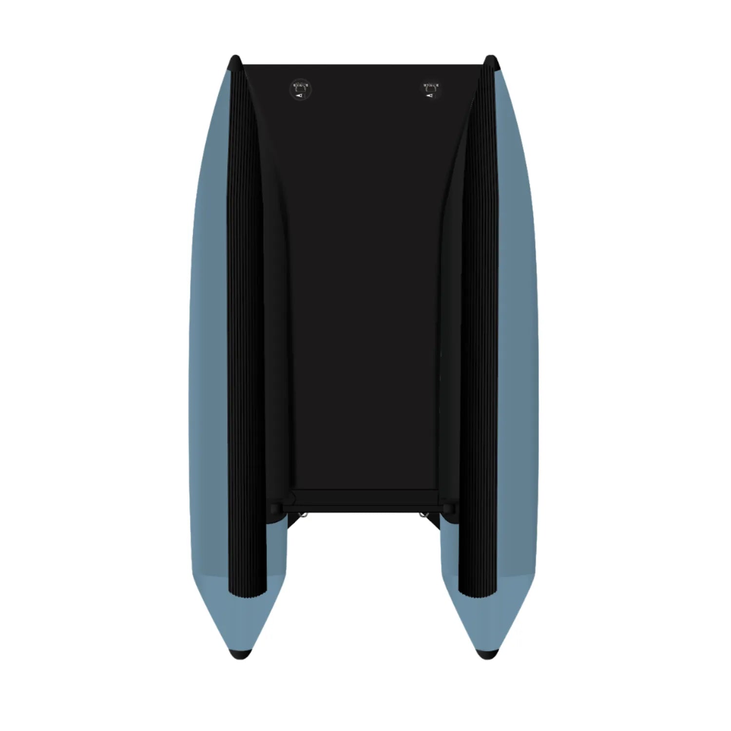 Back view of the Rover Marine Battle Cat inflatable boat, showcasing its dual pontoons, reinforced bottom, and sturdy transom design for mounting an outboard or electric motor.