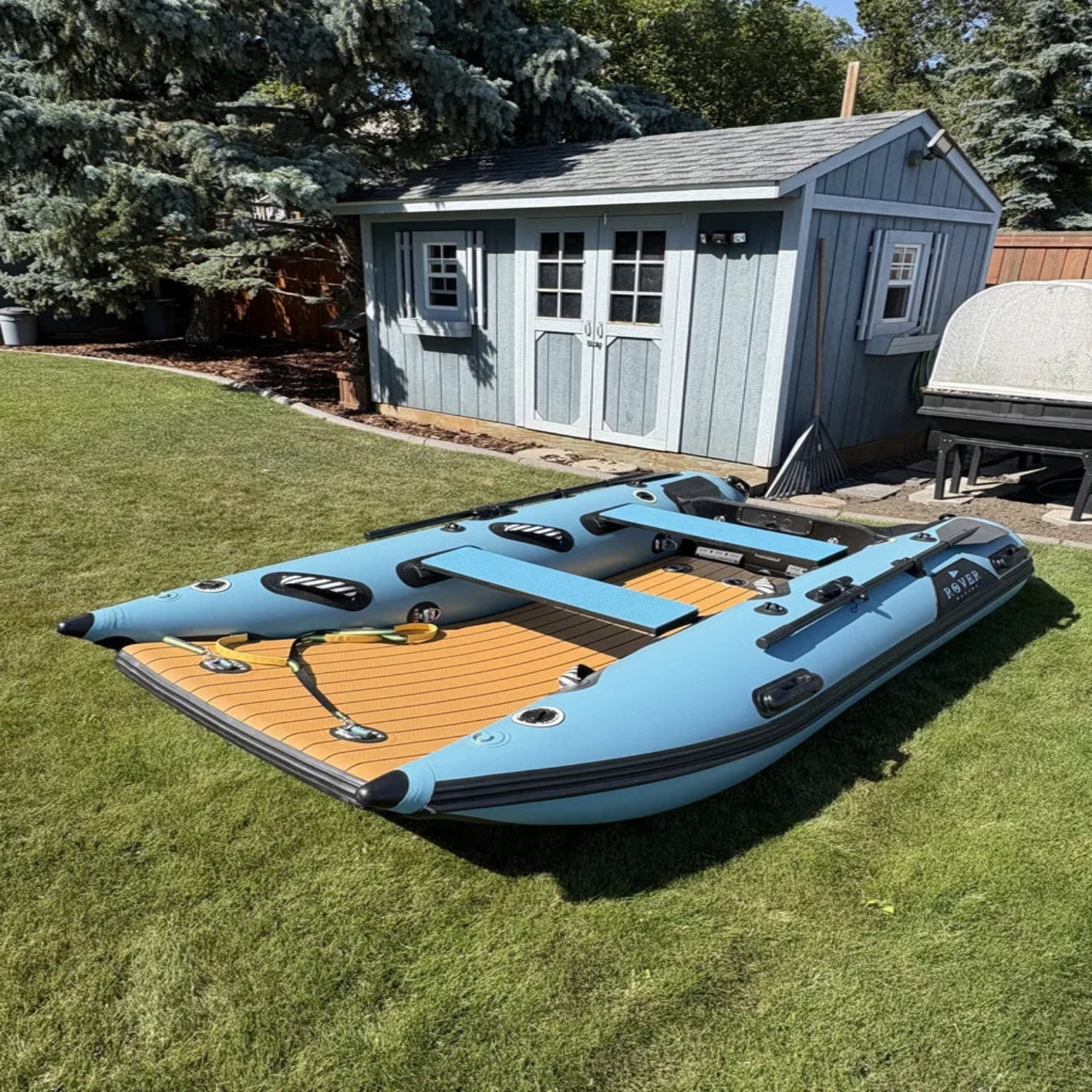 Left side profile of the Rover Marine Battle Cat inflatable boat.