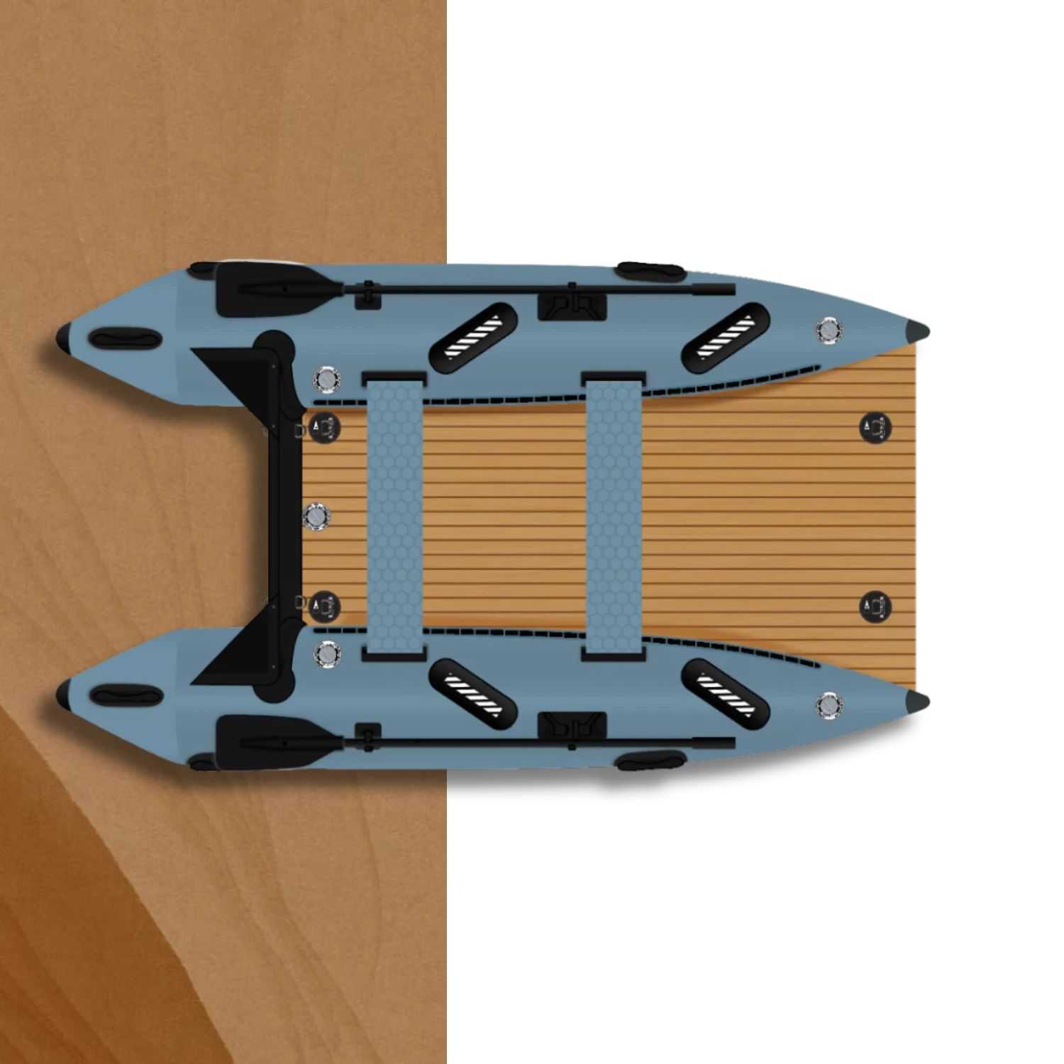 Top view of Rover Marine Battle Cat inflatable catamaran boat with teak-style traction deck.