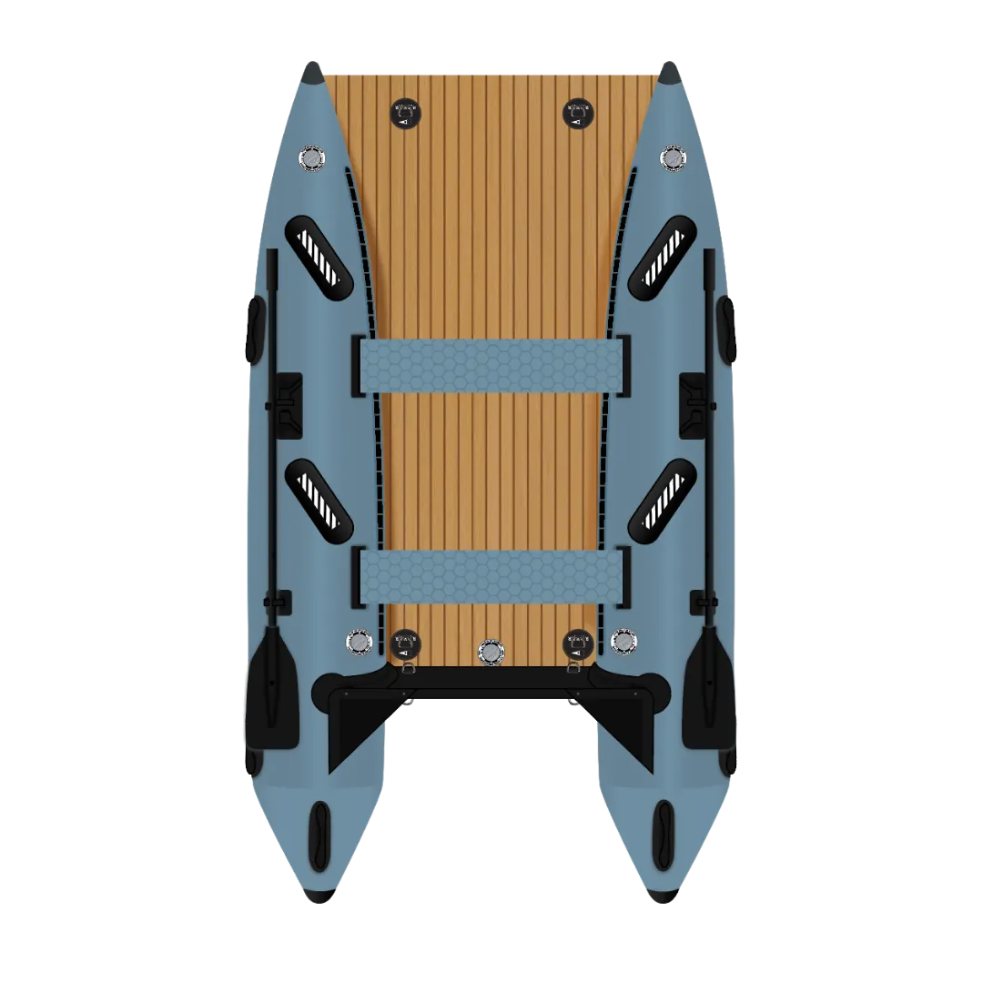 Rover Marine Battle Cat inflatable catamaran top view with reinforced deck.