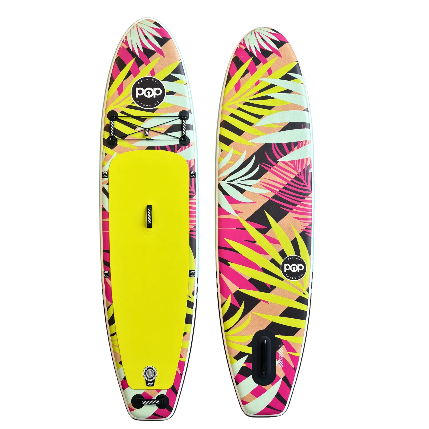 POP Royal Hawaiian 10’6 inflatable paddleboard 2024 edition in tropical yellow and palm design, full top and bottom view.