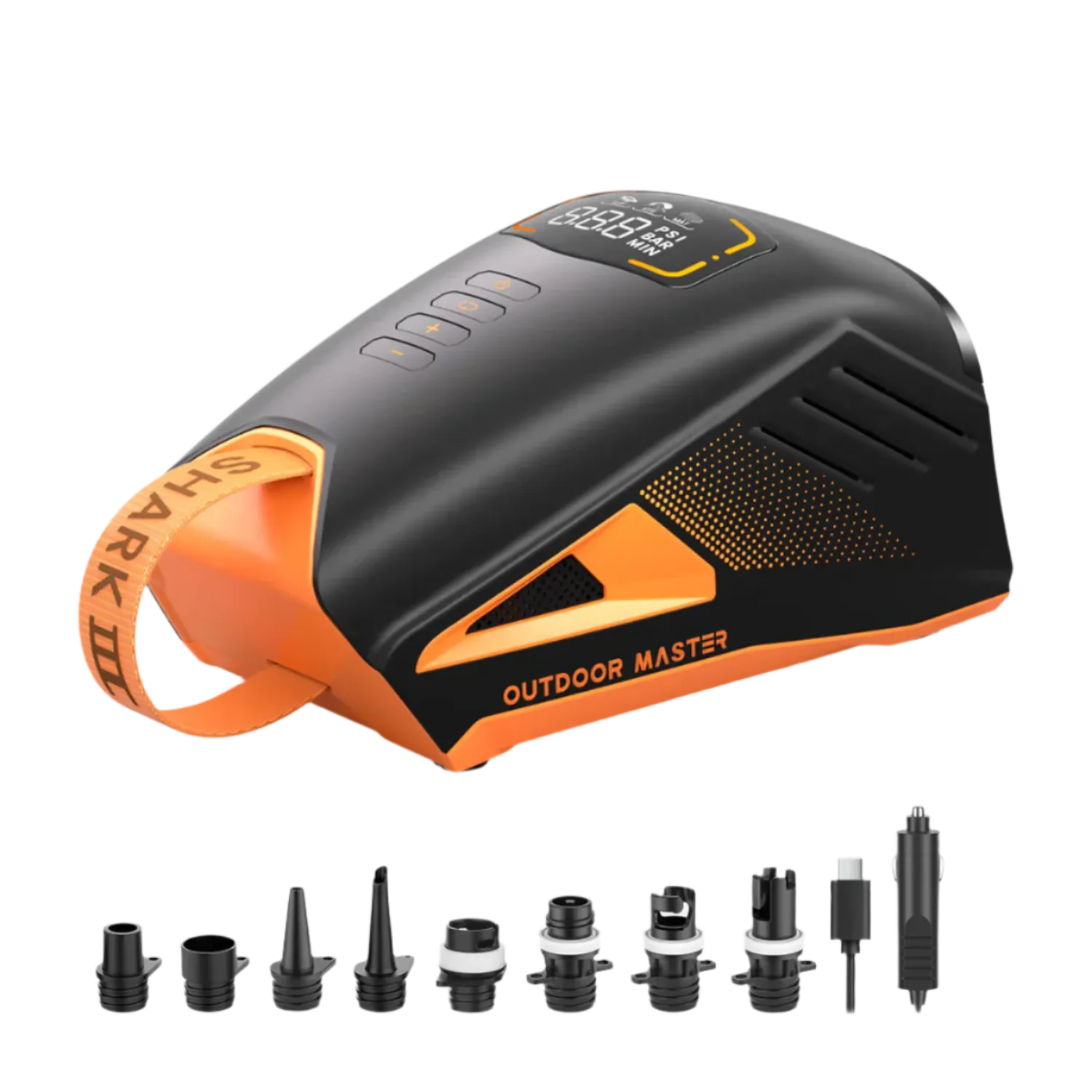 Outdoor Master Shark 3 Electric Pump with multiple nozzles for paddleboards and inflatables.