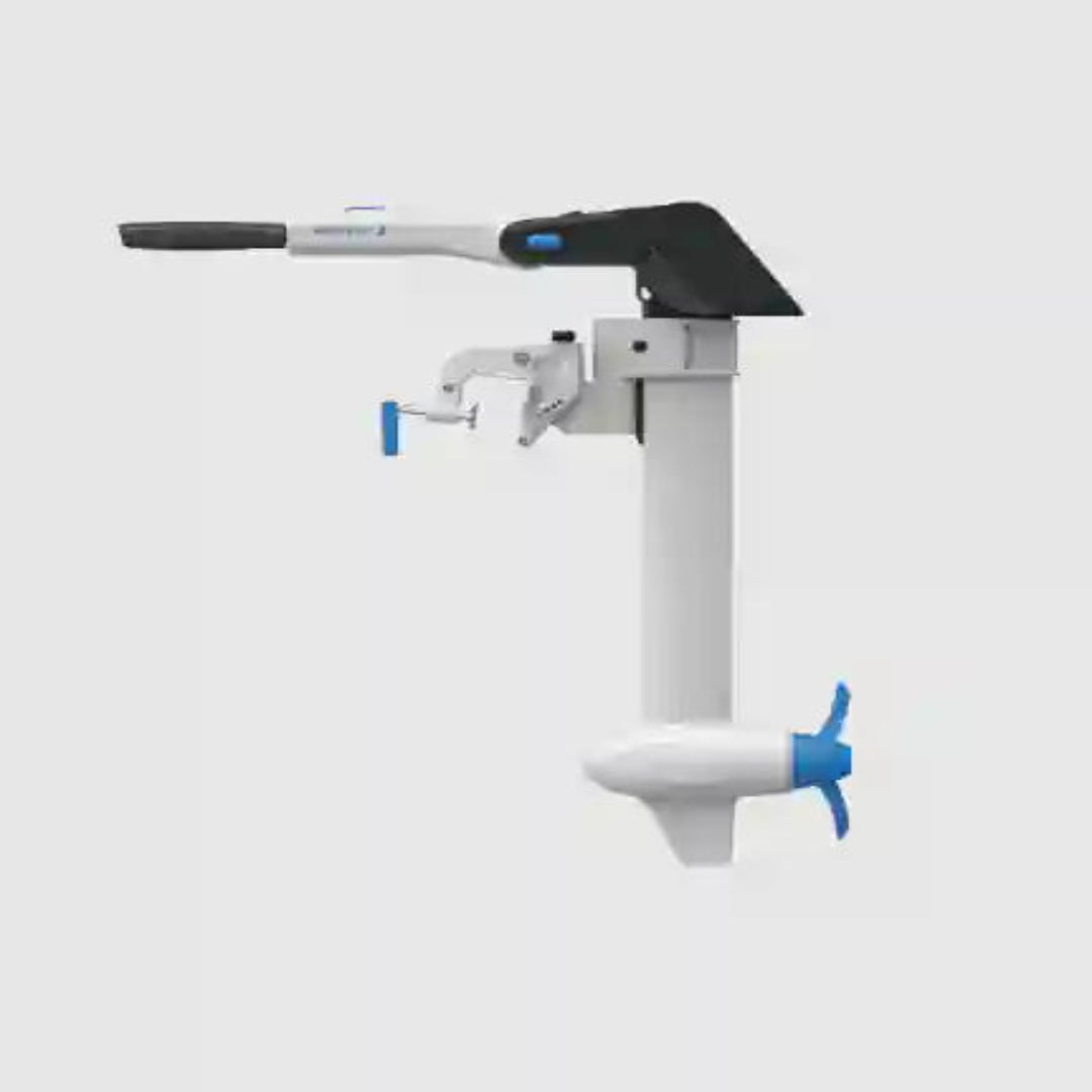 White and blue electric motor with a black handle on a light gray background