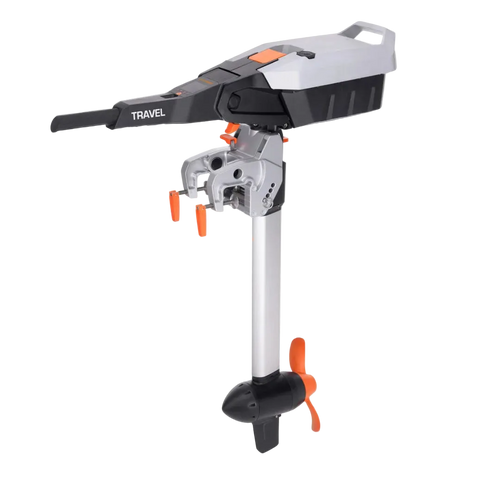 Torqeedo Travel S electric outboard motor, side view with orange propeller