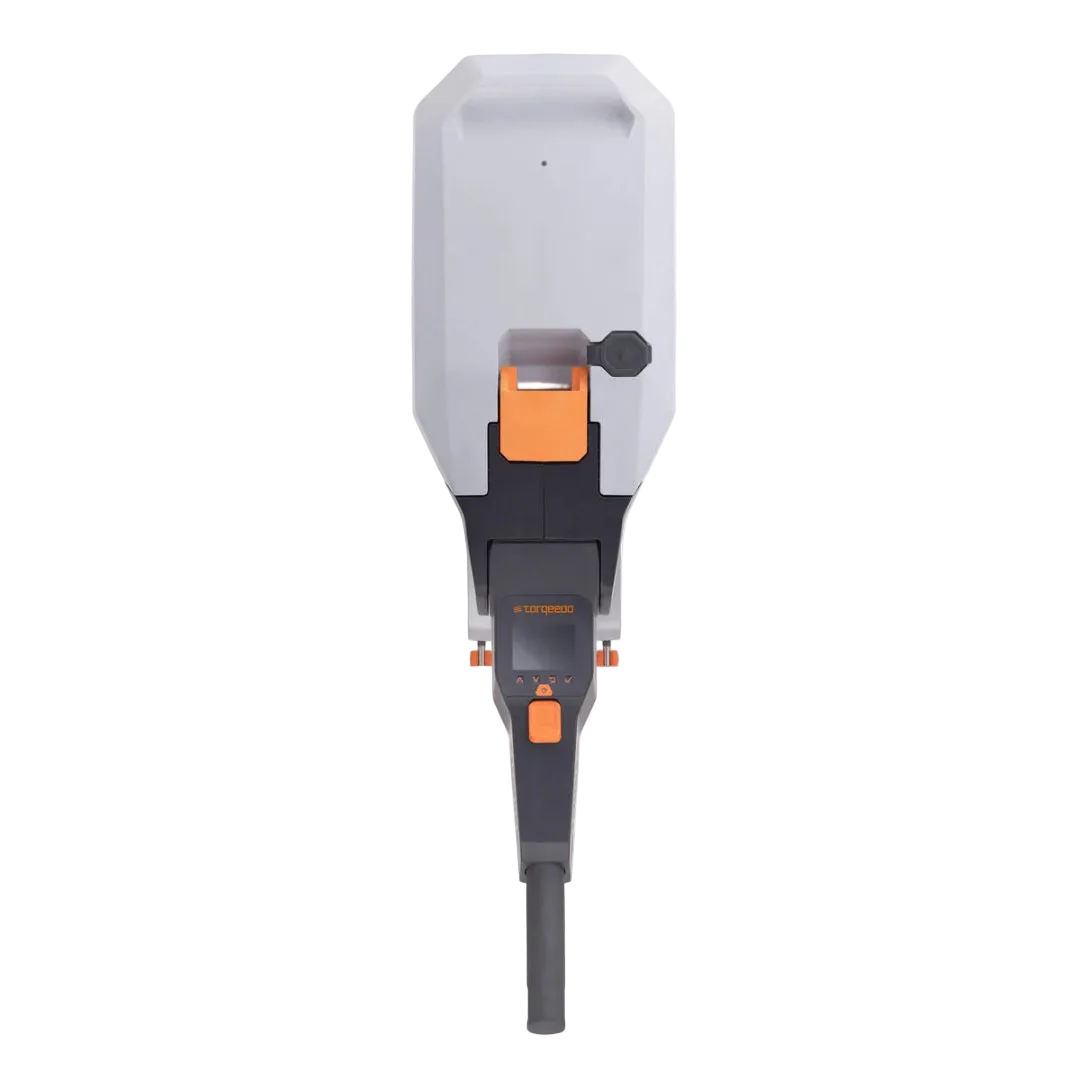 Handheld power tool with orange accents on a white background