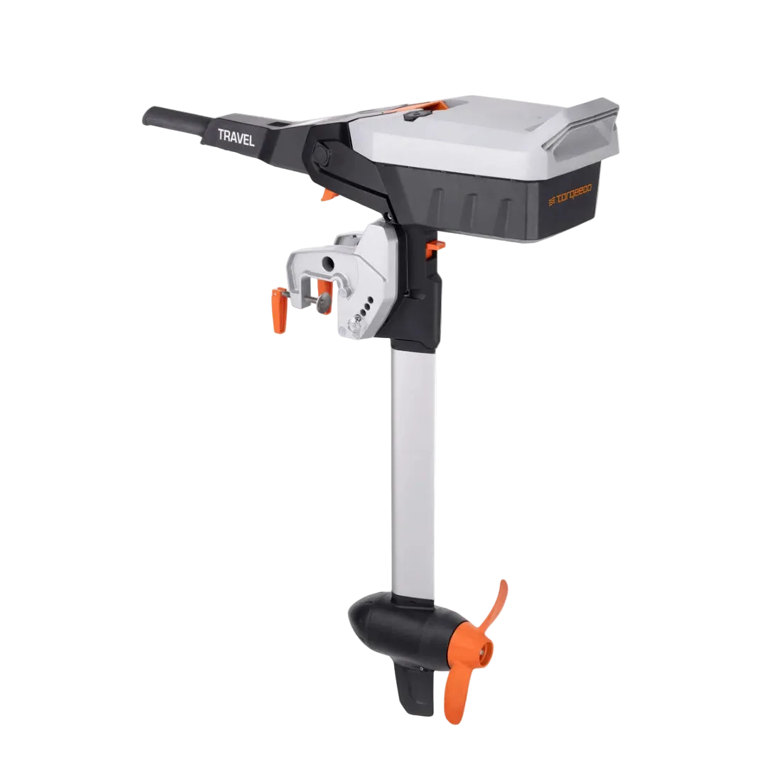 Motorized fishing reel with travel label on a white background