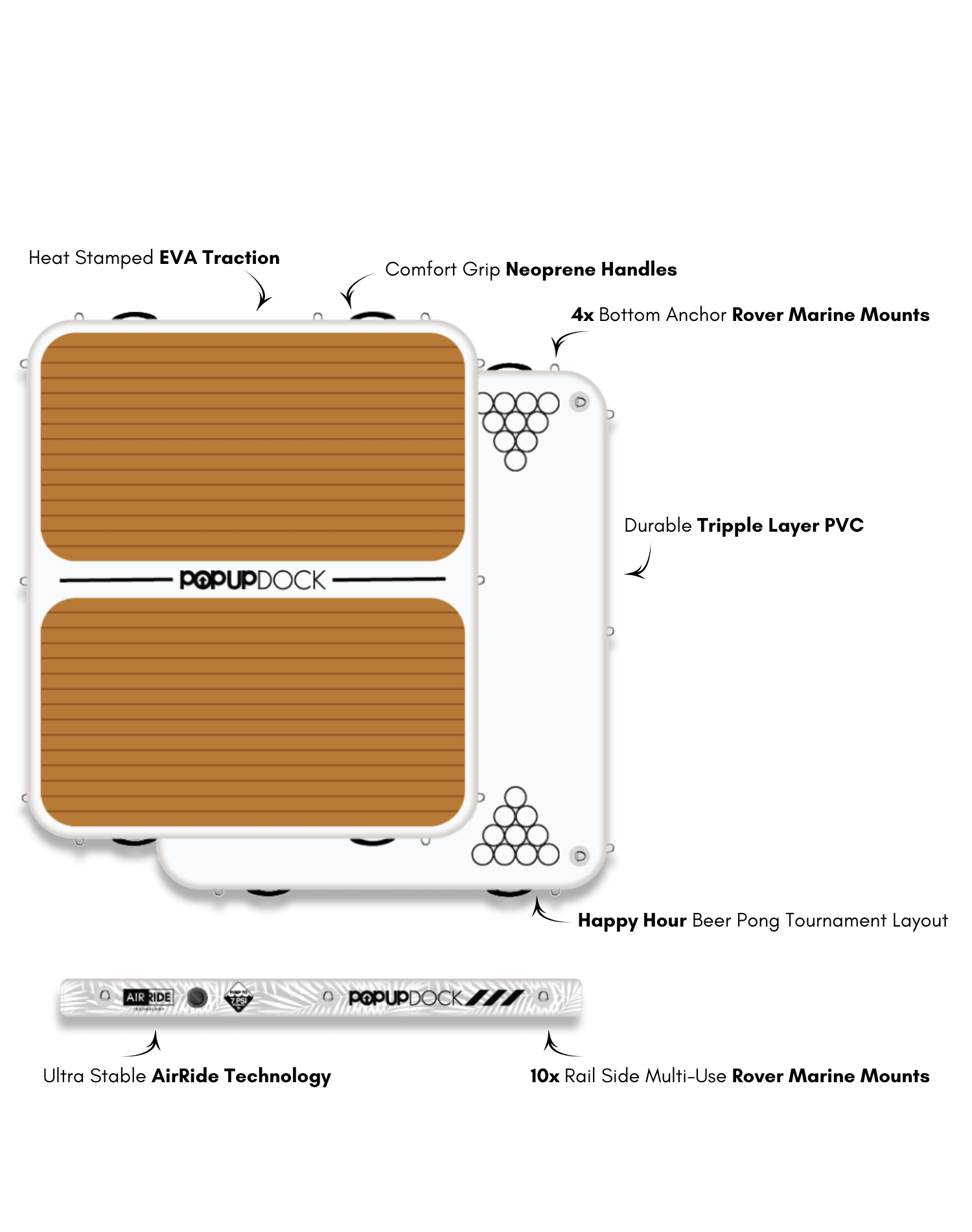 Overhead and bottom view of a used POP Up Dock from the Green Program, showcasing teak-style traction pad.