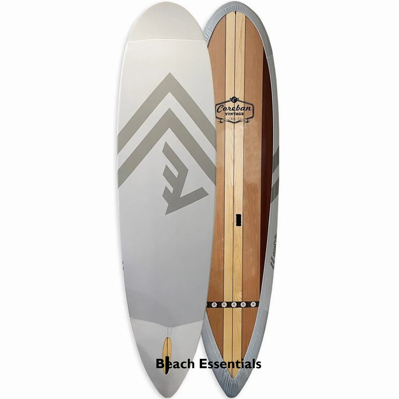 Surfboard with wooden elements and visible branding on a white background