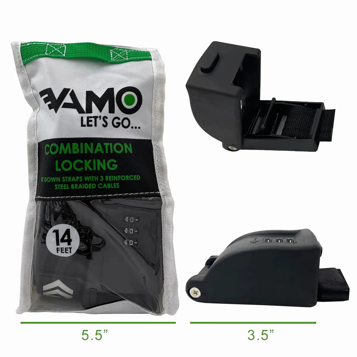Packaged Vamo combination locking straps for secure SUP and kayak transport.
