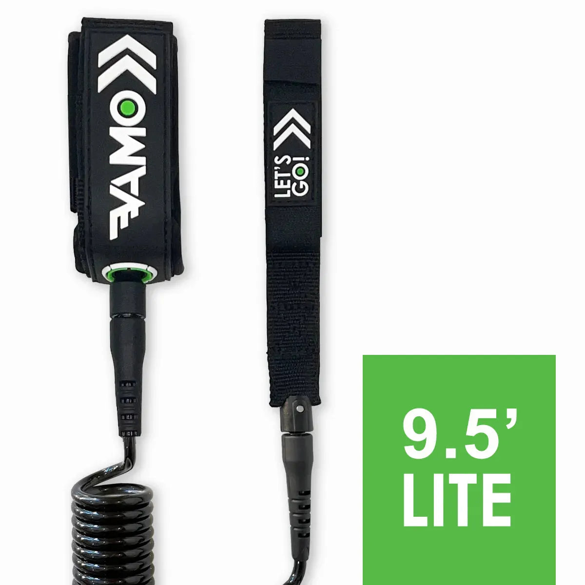 Close-up of Vamo Lite coiled leash with logo and velcro strap.