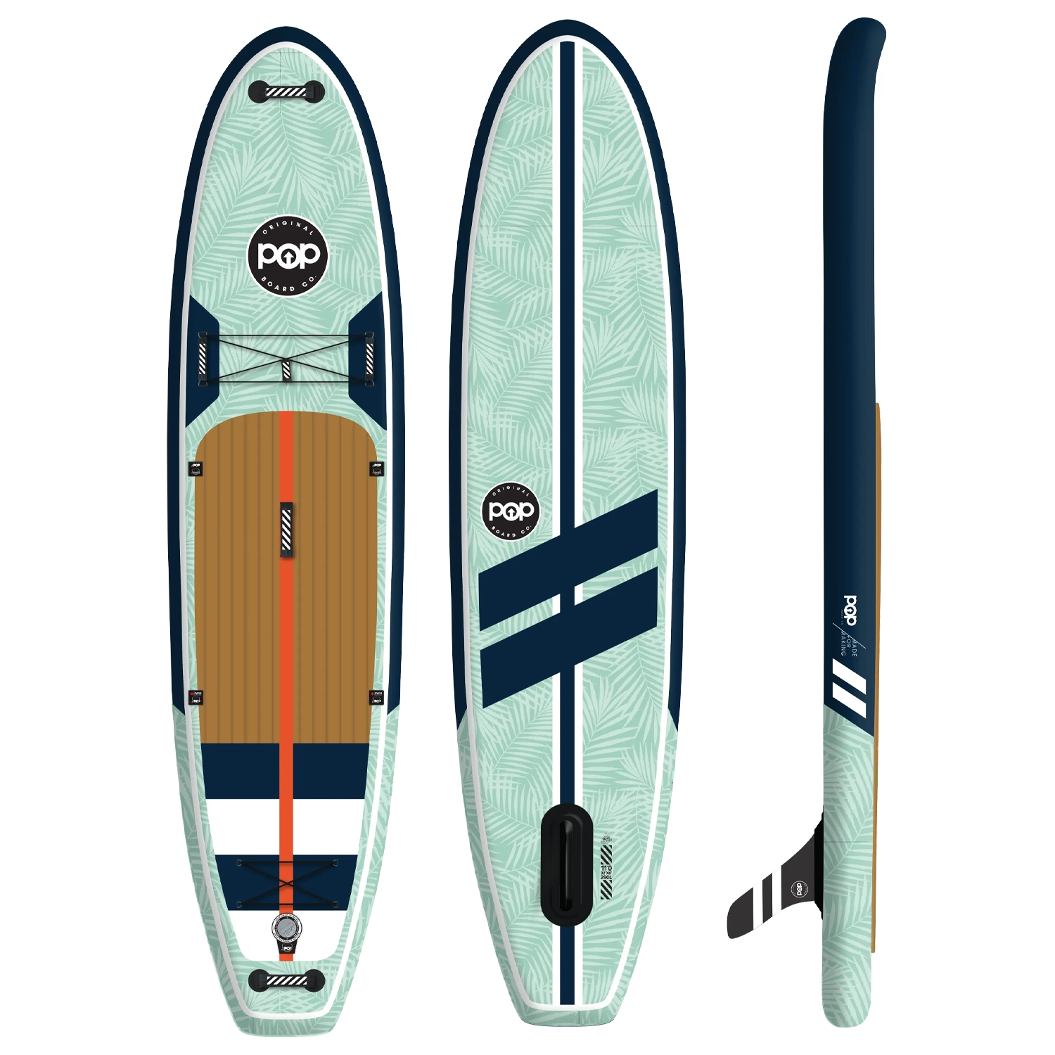 POP Yacht Hopper 11'0 inflatable paddleboard in teak blue and mint – top, bottom, and side view.