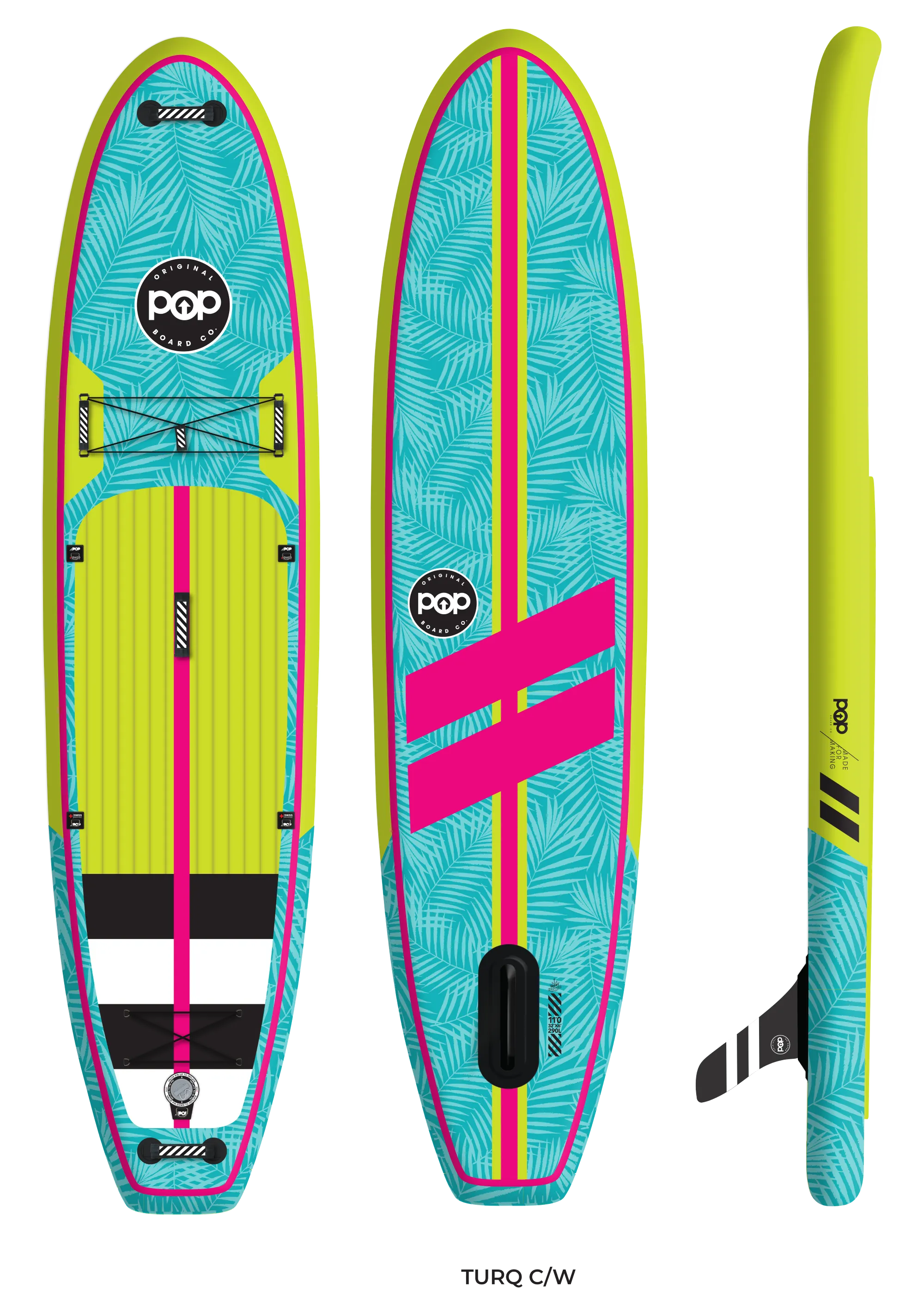 POP Yacht Hopper 11'0 inflatable paddleboard in turquoise, pink, and yellow – top, bottom, and side view.